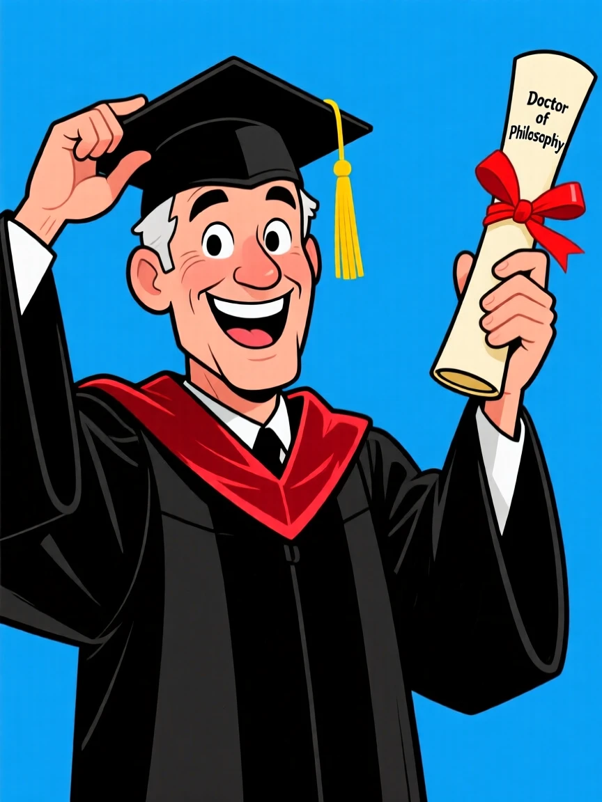 A vibrant profession-themed portrait of a proud graduate professor adjusting his cap and gown, diploma held high with pride.