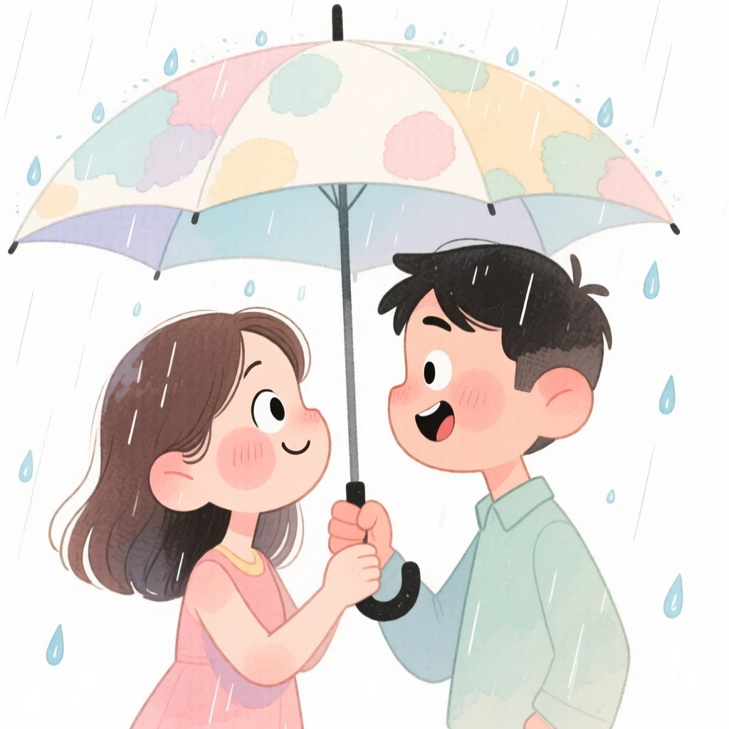 A couple on their first date sharing an umbrella in a gentle rain shower