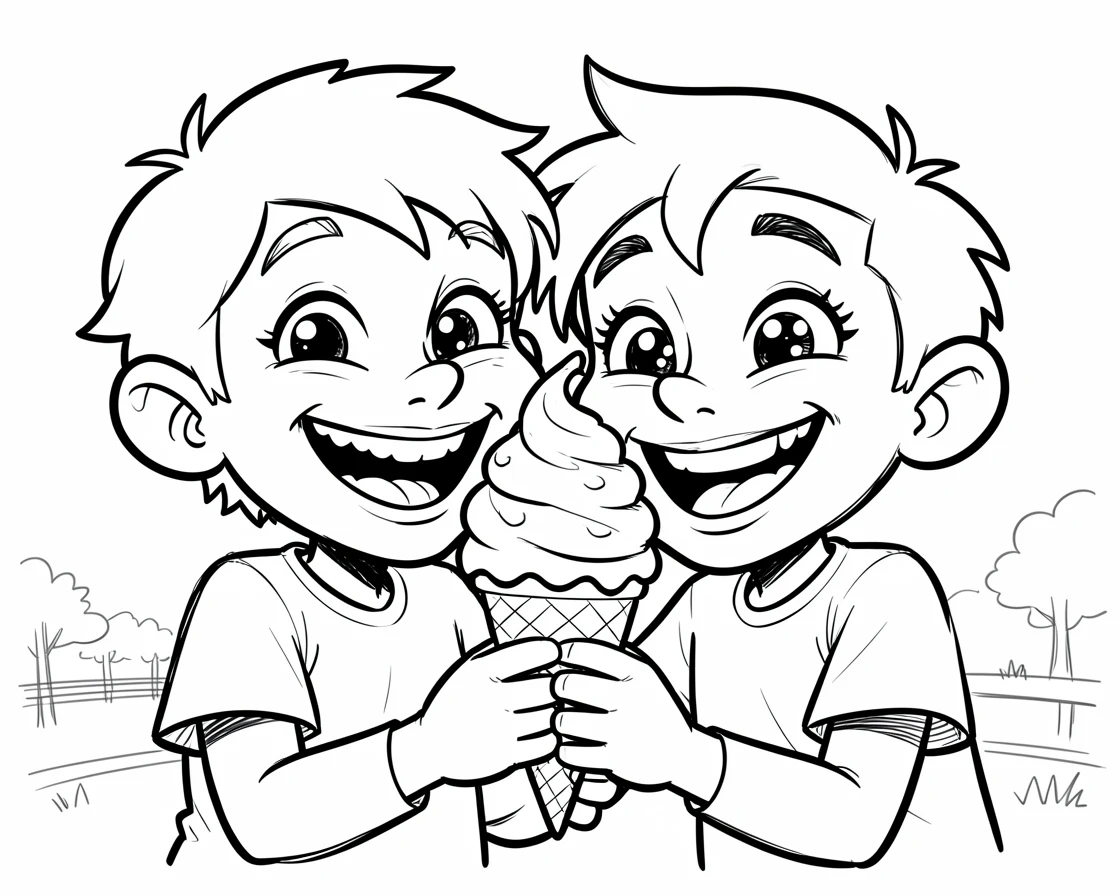 [Family & Relationship Moments] Heartwarming scene of siblings sharing one ice cream cone with big goofy grins, radiating love and warmth