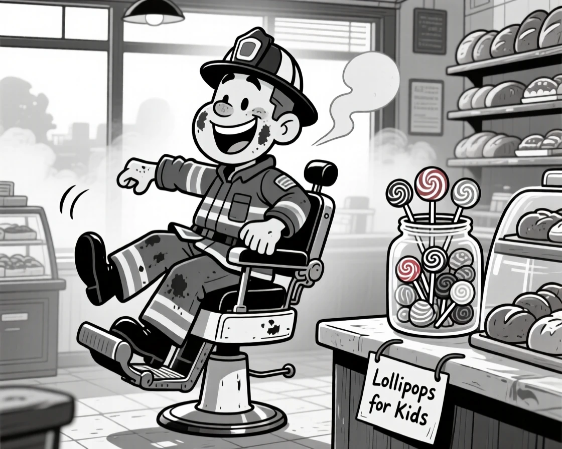 A cheerful firefighter with soot smudges on his cheeks, spinning the barber chair with a flourish, set in a cozy bakery with steam-fogged windows. A jar of lollipops sits on the counter for kids. It feels like a warm nod to the people who keep the world running.