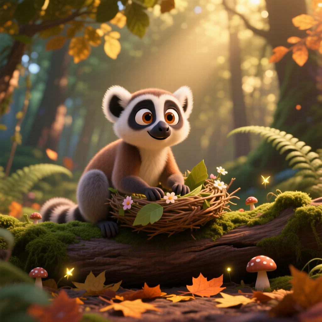 A wide-eyed lemur is perched on a mossy log in a quiet forest, burrowing into a cozy nest. A quiet, comforting sweetness surrounds the scene, with a faint smile-like expression.