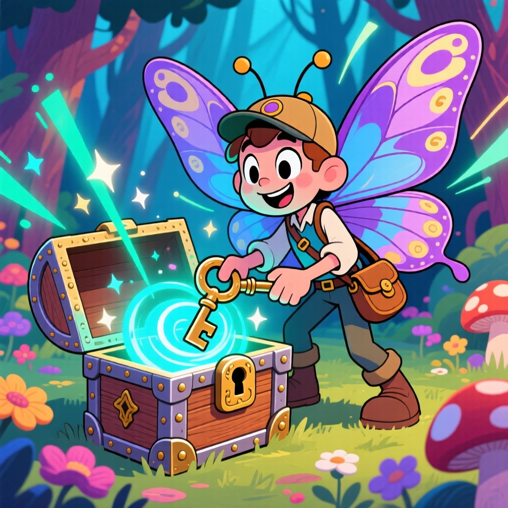 A moth-winged messenger unlocking a treasure chest glowing with magic light.