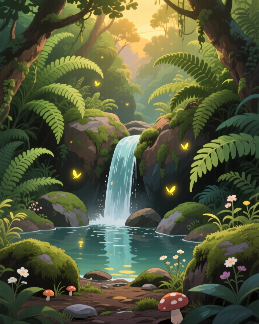 A fern-filled ravine with a small waterfall, fireflies drifting lazily through the air, creating a scene of quiet natural magic.