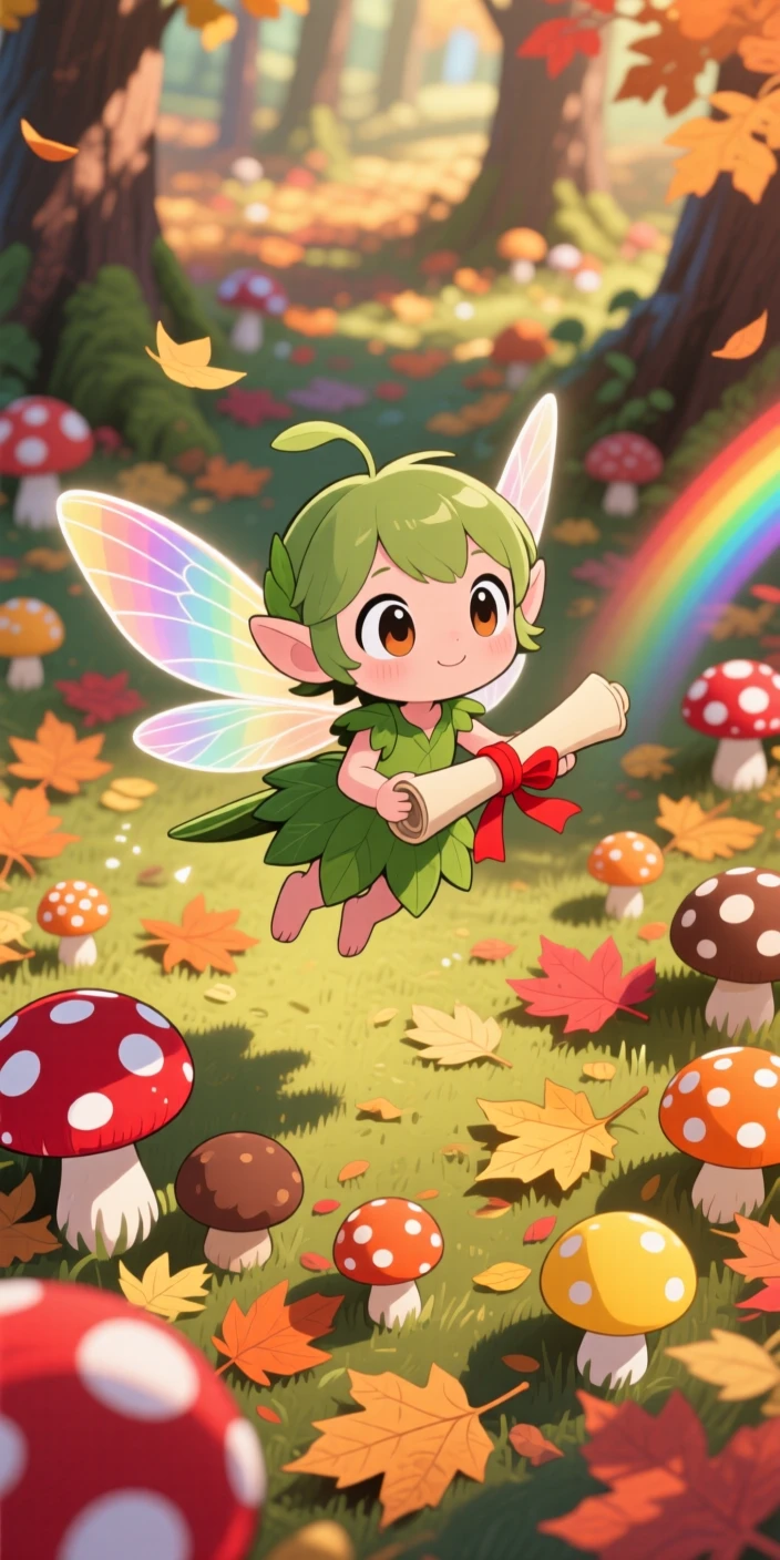 Bird's-eye view of a pixie messenger, delivering a tiny scroll tied with ribbon, in a mushroom-dotted forest floor, on a crisp autumn afternoon, illuminated by bright rainbow-tinted light, radiating wide-eyed wonder.