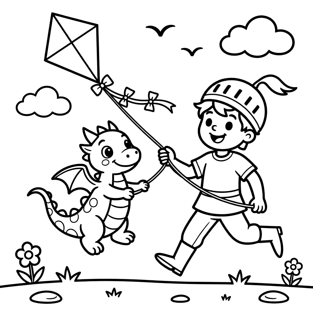A knight and a friendly dragon flying a kite together