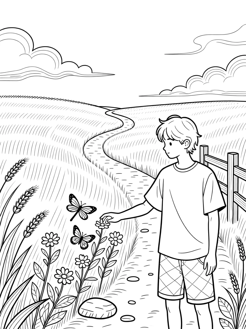 A field of tall grass rippling in the wind under a wide sky, with wildflowers scattered along the trail.
