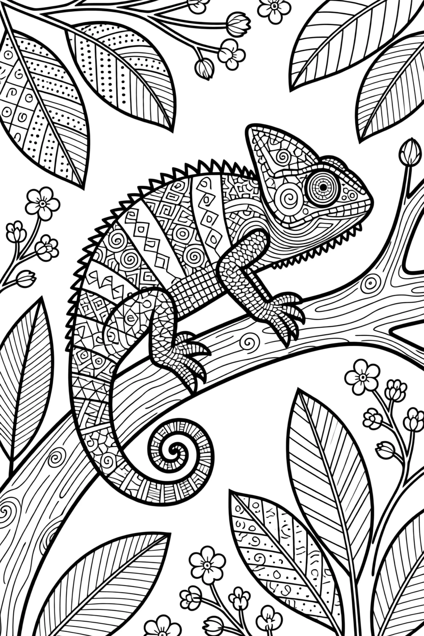 A chameleon perched on a branch, mid-color-change against leaves.