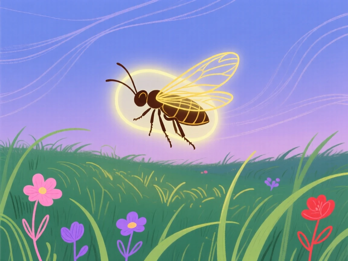 A firefly glowing above a summer meadow at dusk.
