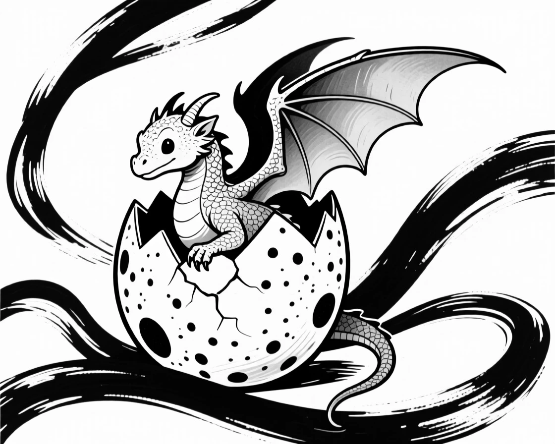 A baby dragon hatching from a speckled egg, tiny wings unfurling.