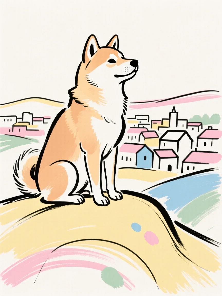 A Shiba Inu sitting proudly on a hillside overlooking a town.