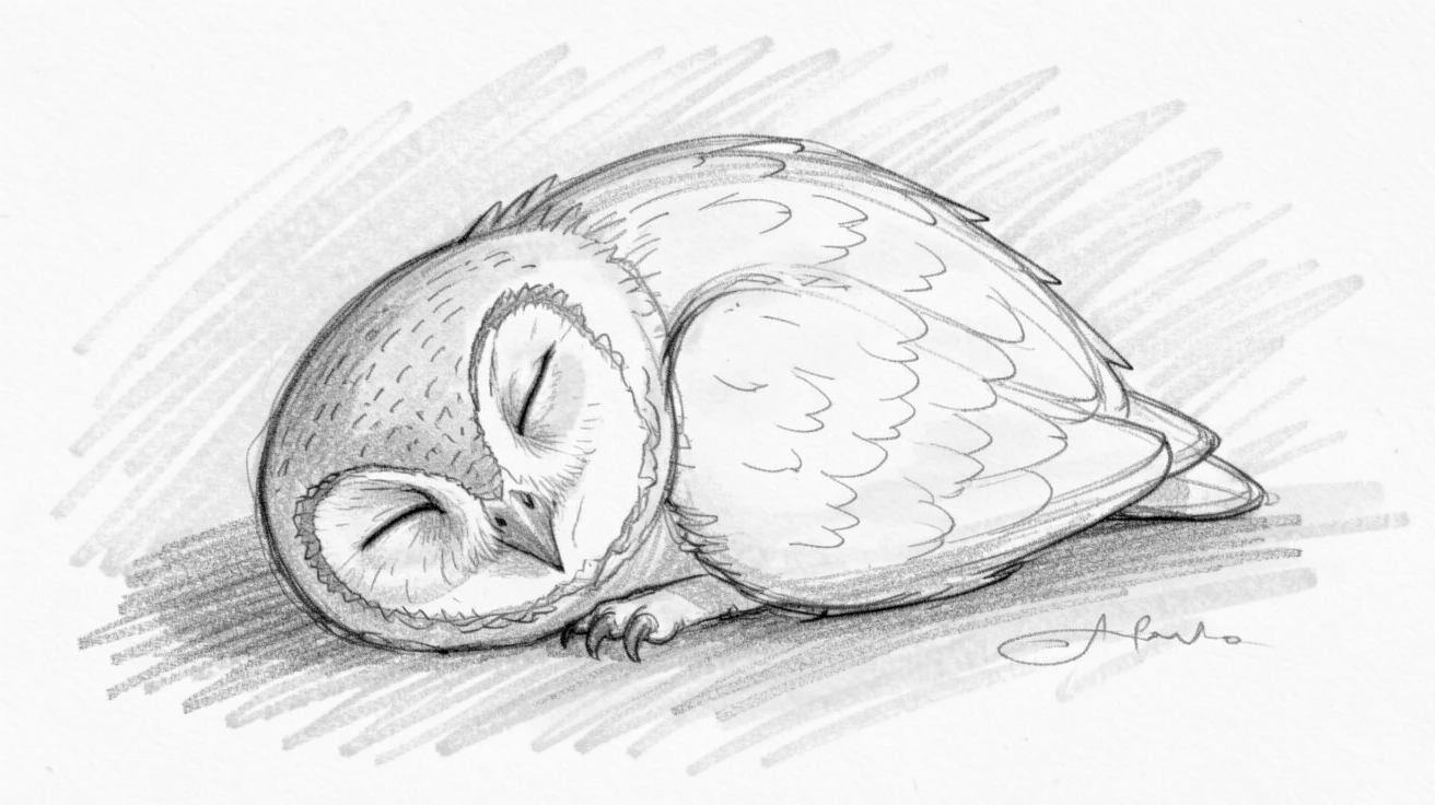 A wise-looking owl napping in a patch of warm sunlight, with tiny paws tucked beneath its body.