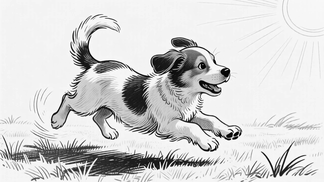 A puppy chasing its own tail on a sunny lawn.