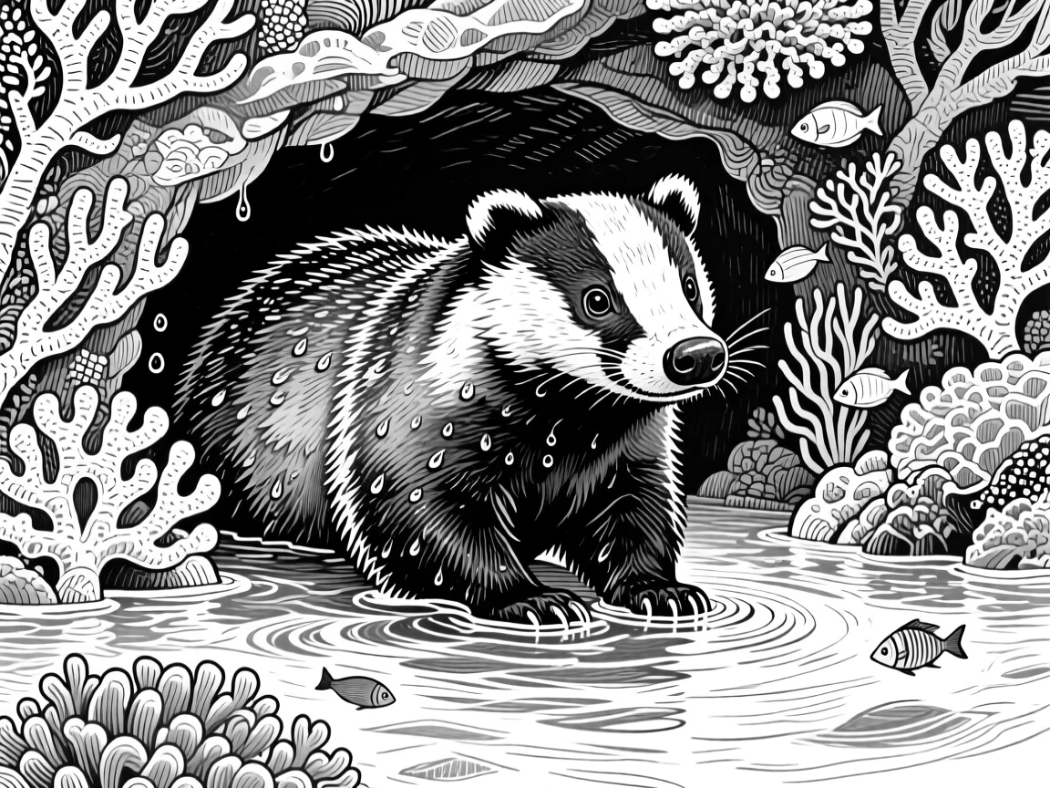 A badger at its den in the shallows of a coral reef, with droplets of water clinging to its coat, capturing a noble and powerful moment in nature with a strong, centered focal point.