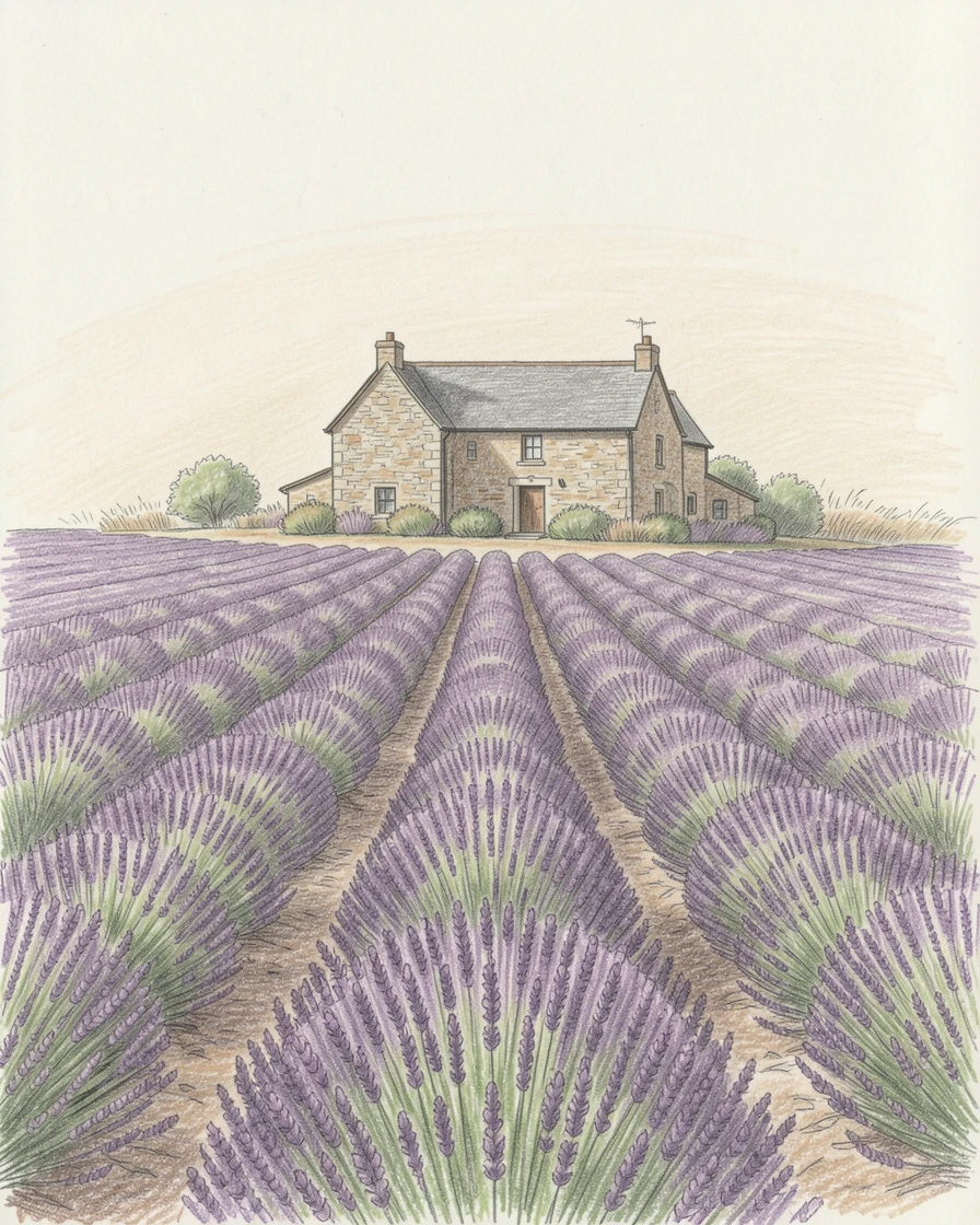 A field of lavender rows stretching toward a stone farmhouse, set against a simple, softly lit neutral background, evoking romance, elegance, and quiet beauty.