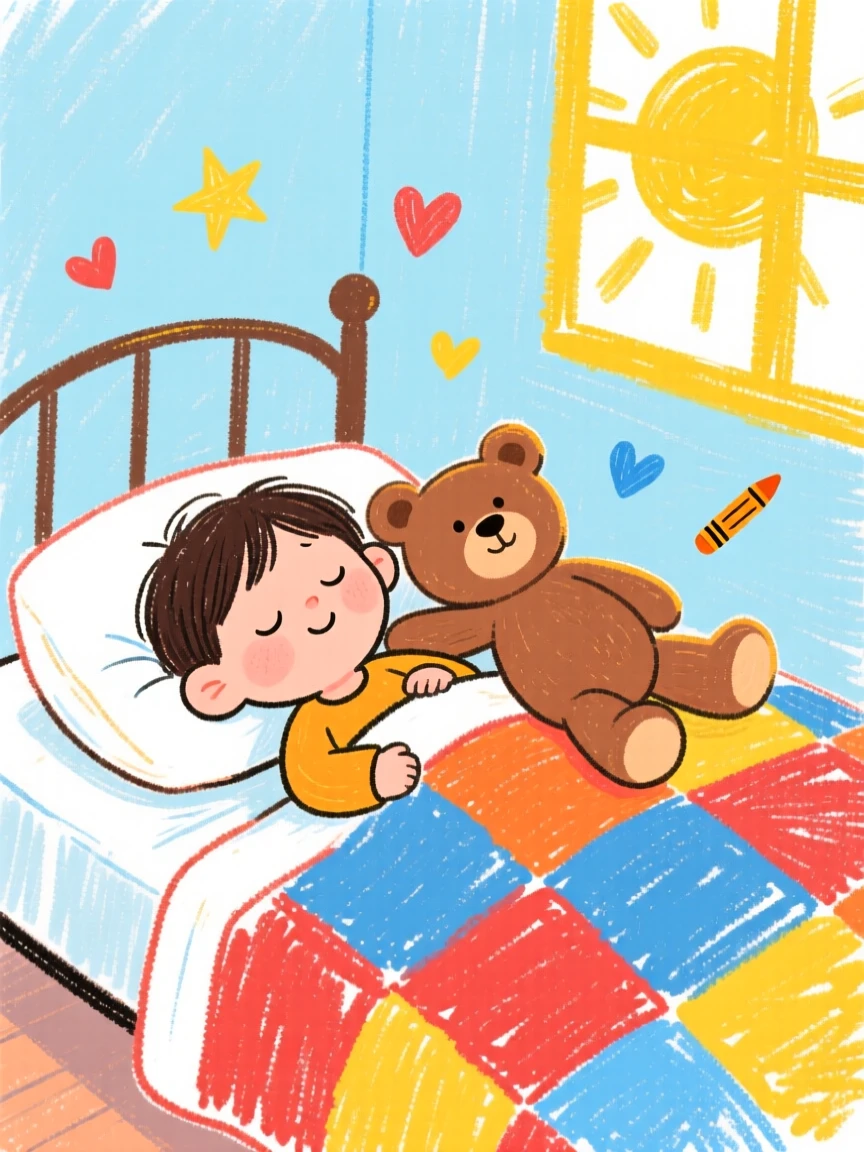 A child napping peacefully with a stuffed teddy bear.
