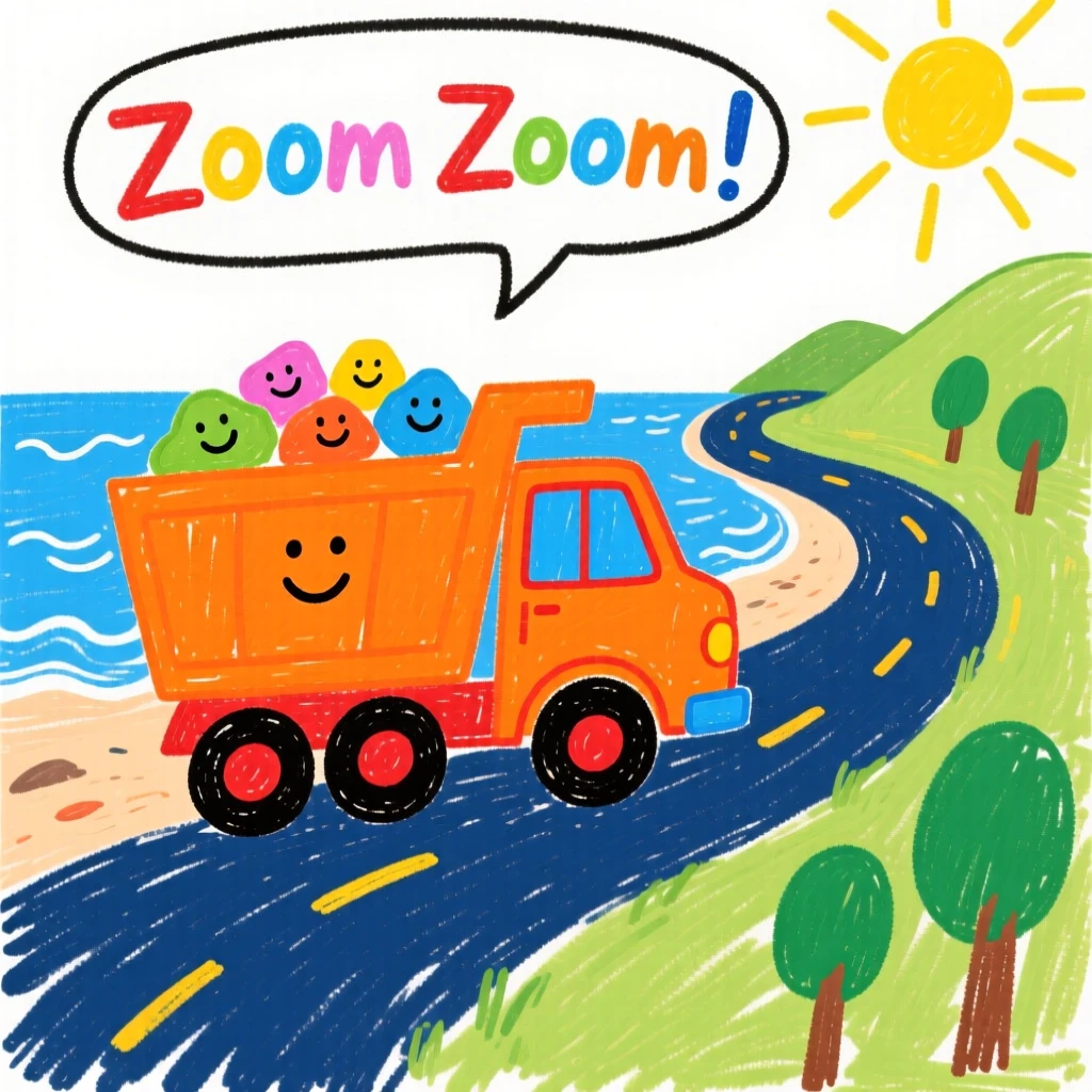 A bright orange dump truck traveling along a winding coastal road.