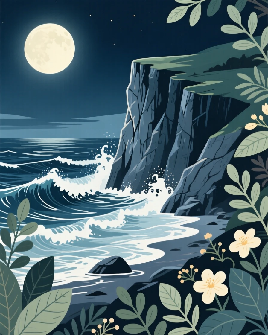 A dramatic sea cliff overlooking crashing waves, under the soft glow of a rising moon, composed with soft natural framing from surrounding foliage, with delicate textures visible in every leaf and petal.