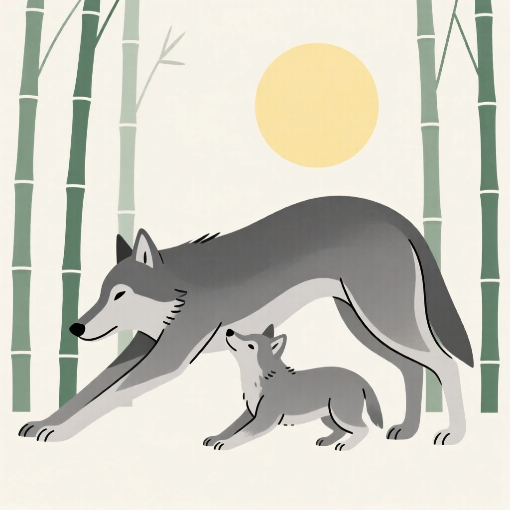 A gray wolf and its young stretching in the sun together in a bamboo grove, expressing quiet tenderness.