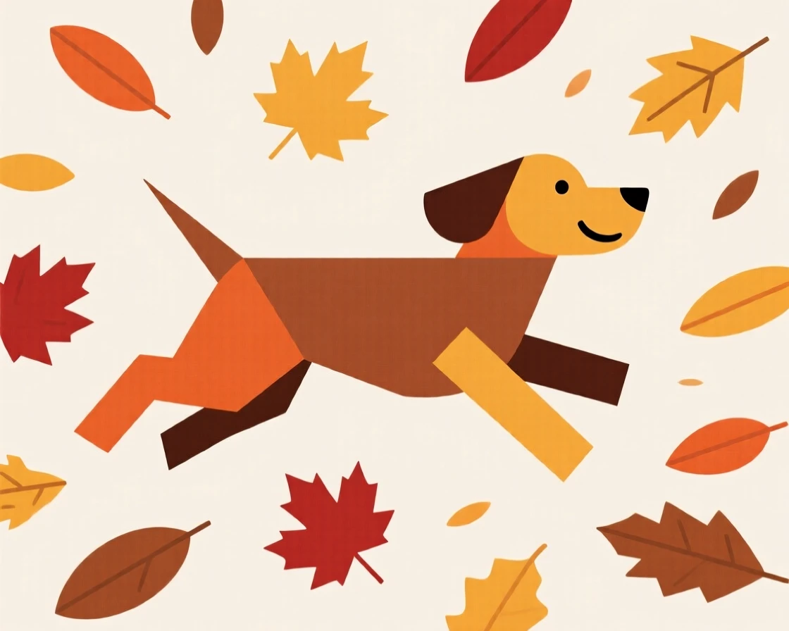 A dog running joyfully through autumn leaves