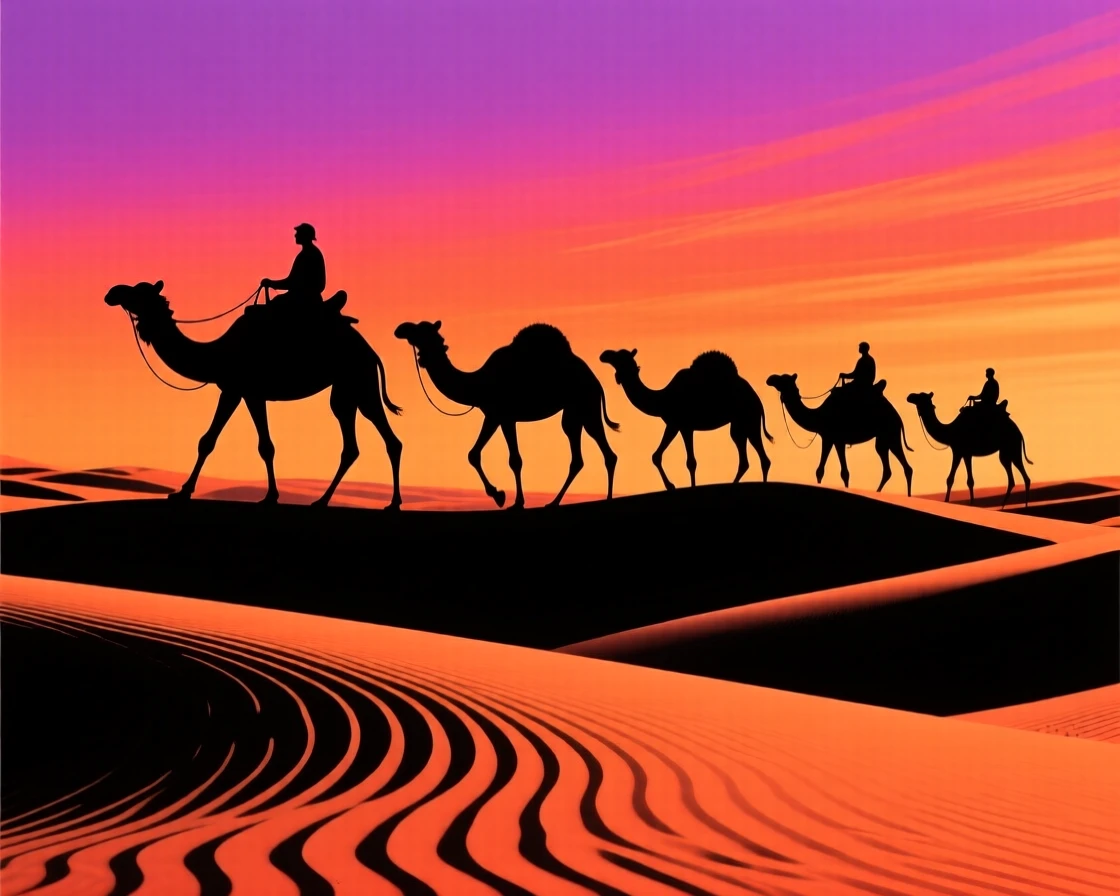 A camel caravan crossing a rippled sea of sand dunes.