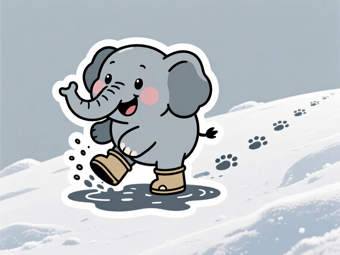 An overjoyed chubby baby elephant splashing in a puddle wearing tiny boots, on a snowy hill with tiny footprints trailing behind.