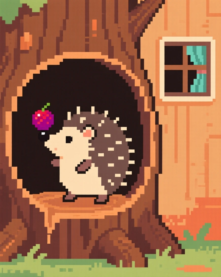 A tiny hedgehog balancing a single berry on its nose, inside a hollow tree stump home.