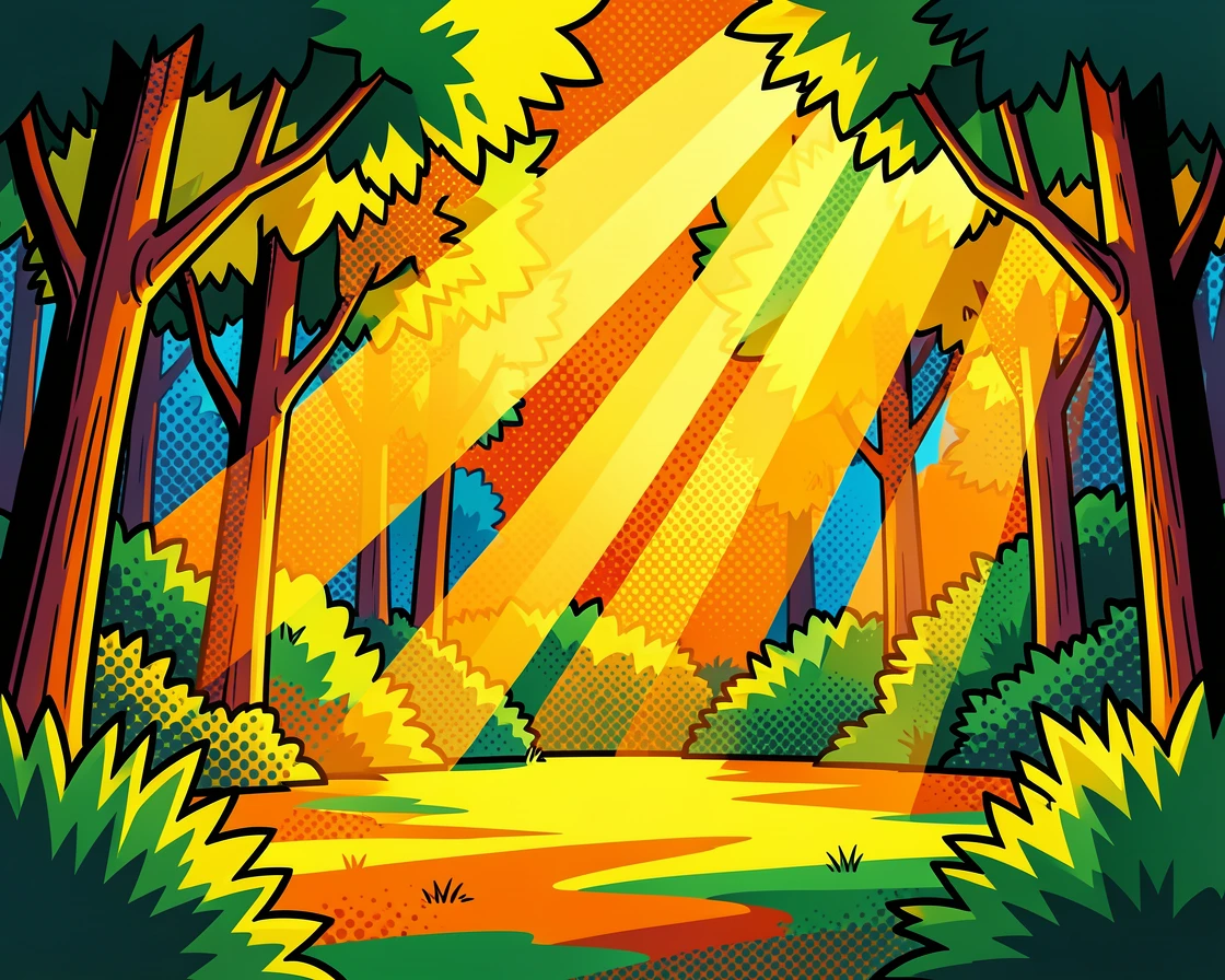 A forest clearing lit by rays of late-day sunlight
