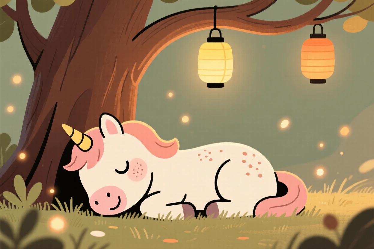 A unicorn foal rests beneath a tree hung with lanterns in an hidden magical glade, surrounded by drifting motes of light that drifts gently through the air.