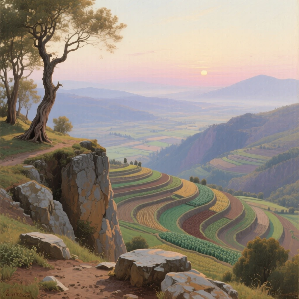 An expansive vista of a scenic viewpoint overlooking a valley dotted with terraced farms, in antiquity, in the pale light of early evening.