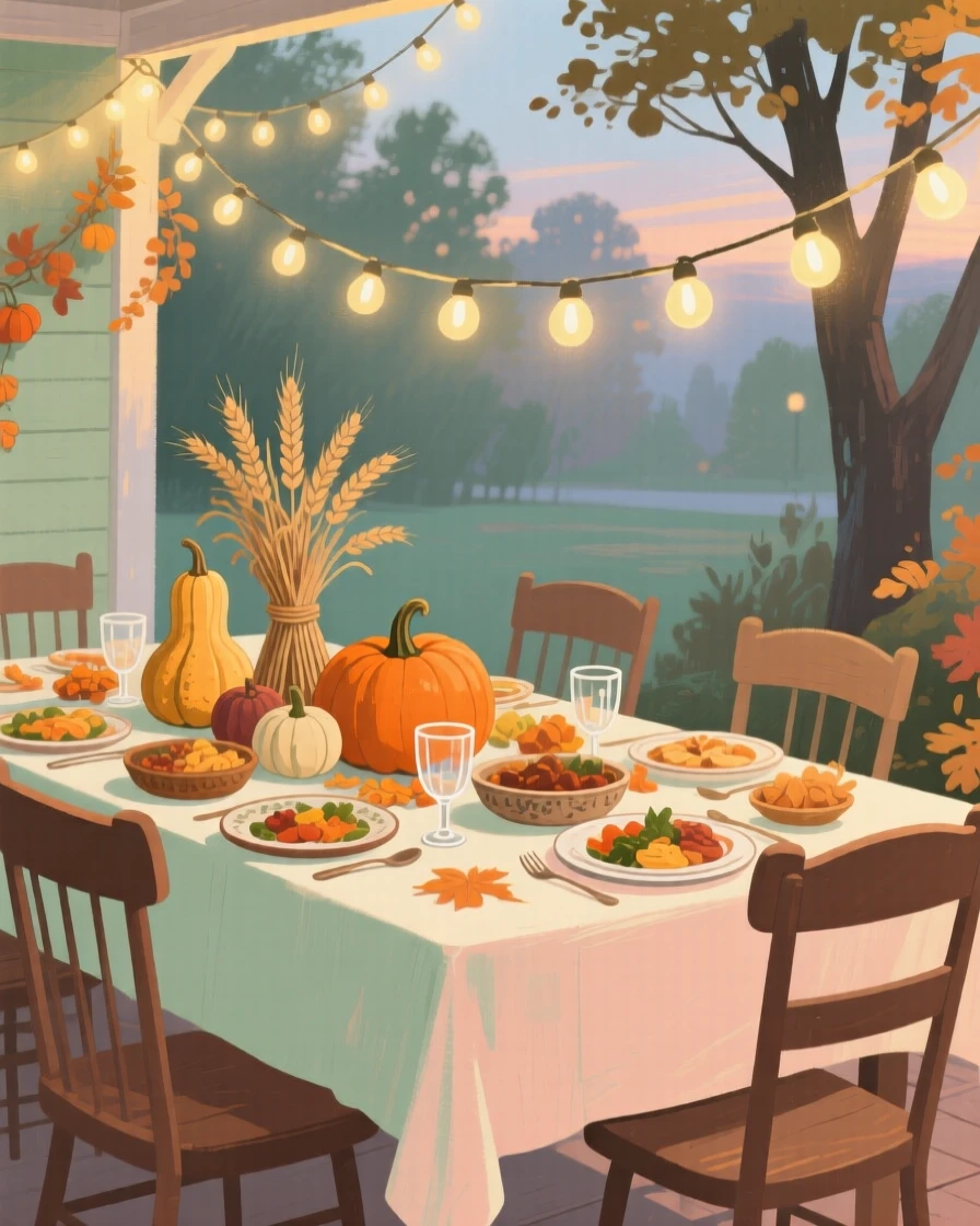 A festive table set for a harvest celebration beneath string lights