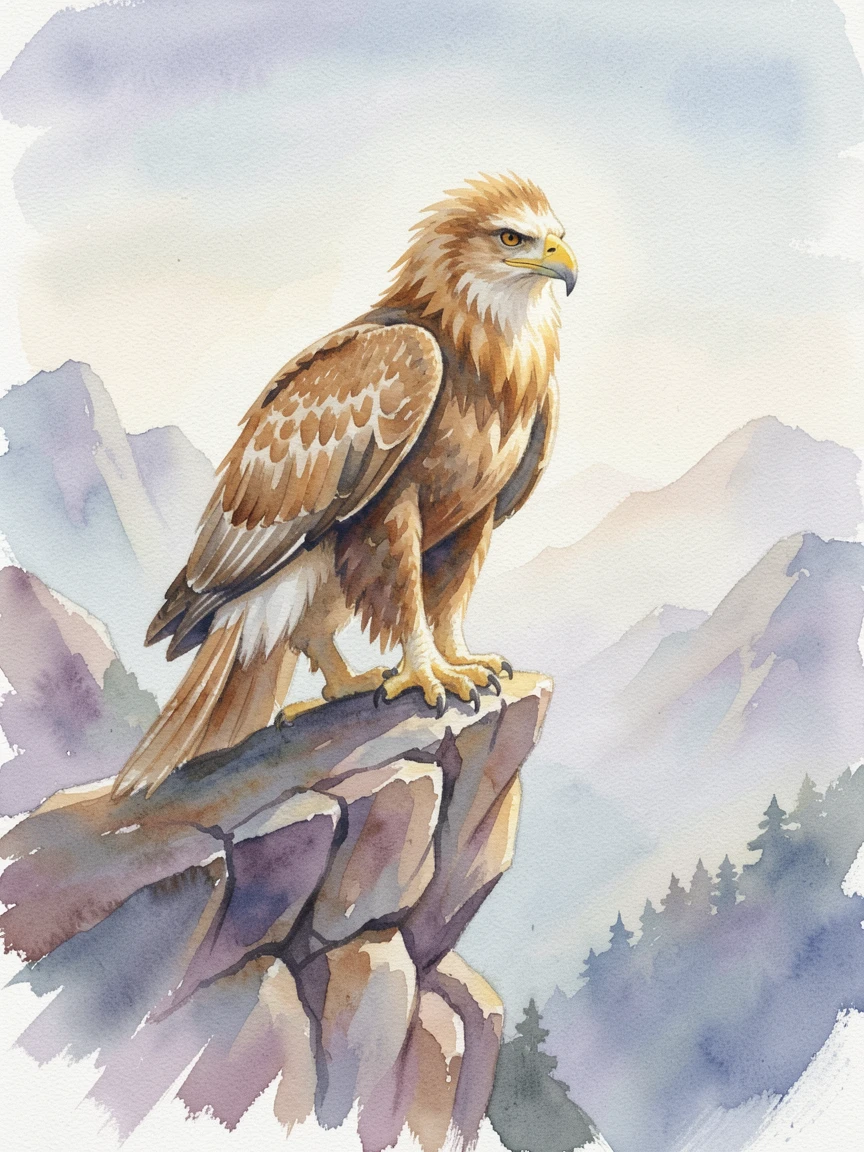 A griffin perched atop a mountain cliff with a gentle magical glow illuminating the scene.