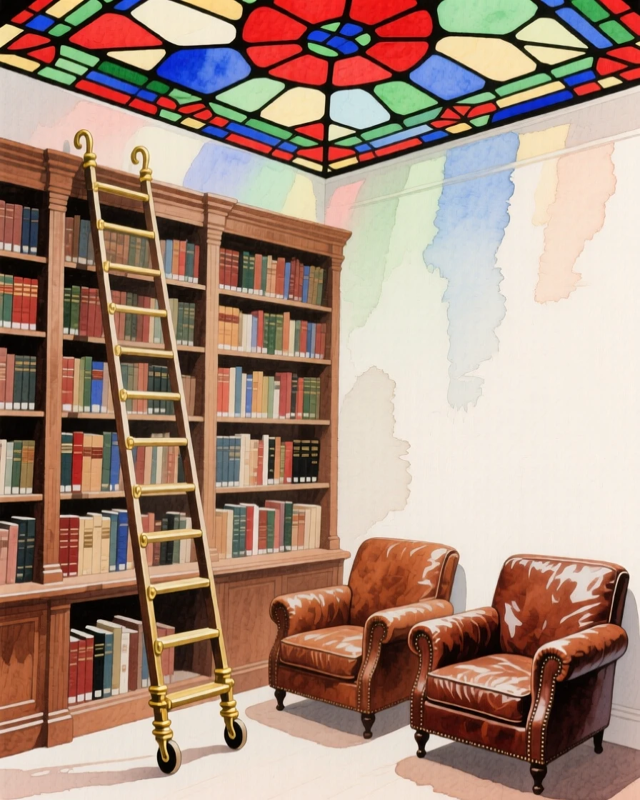 A cozy library corner with a rolling ladder, leather chairs, and towering shelves reaching toward a stained glass ceiling