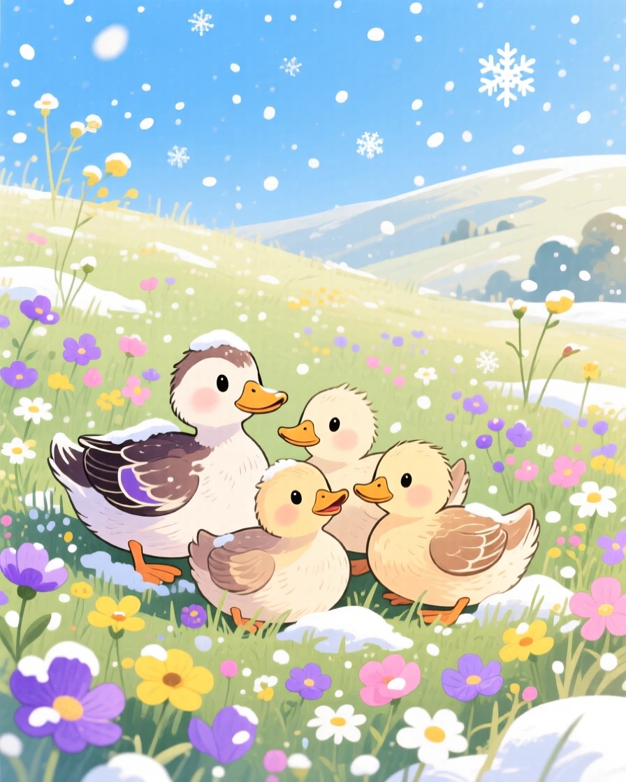 A family of ducklings watching snowflakes fall for the first time, set in a meadow bursting with wildflowers under a blue sky, full of playful curiosity.