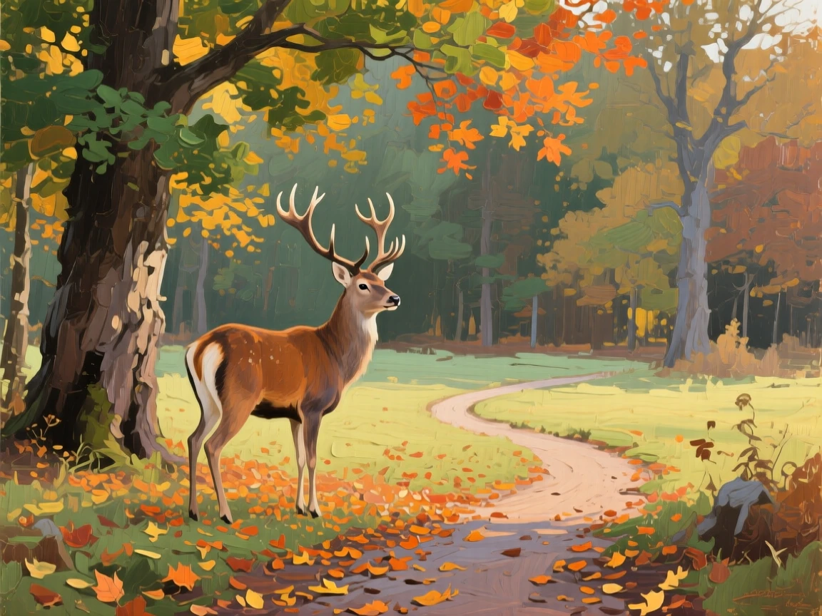 a deer standing at the edge of a quiet clearing, during the first days of autumn, composed along a natural leading line.