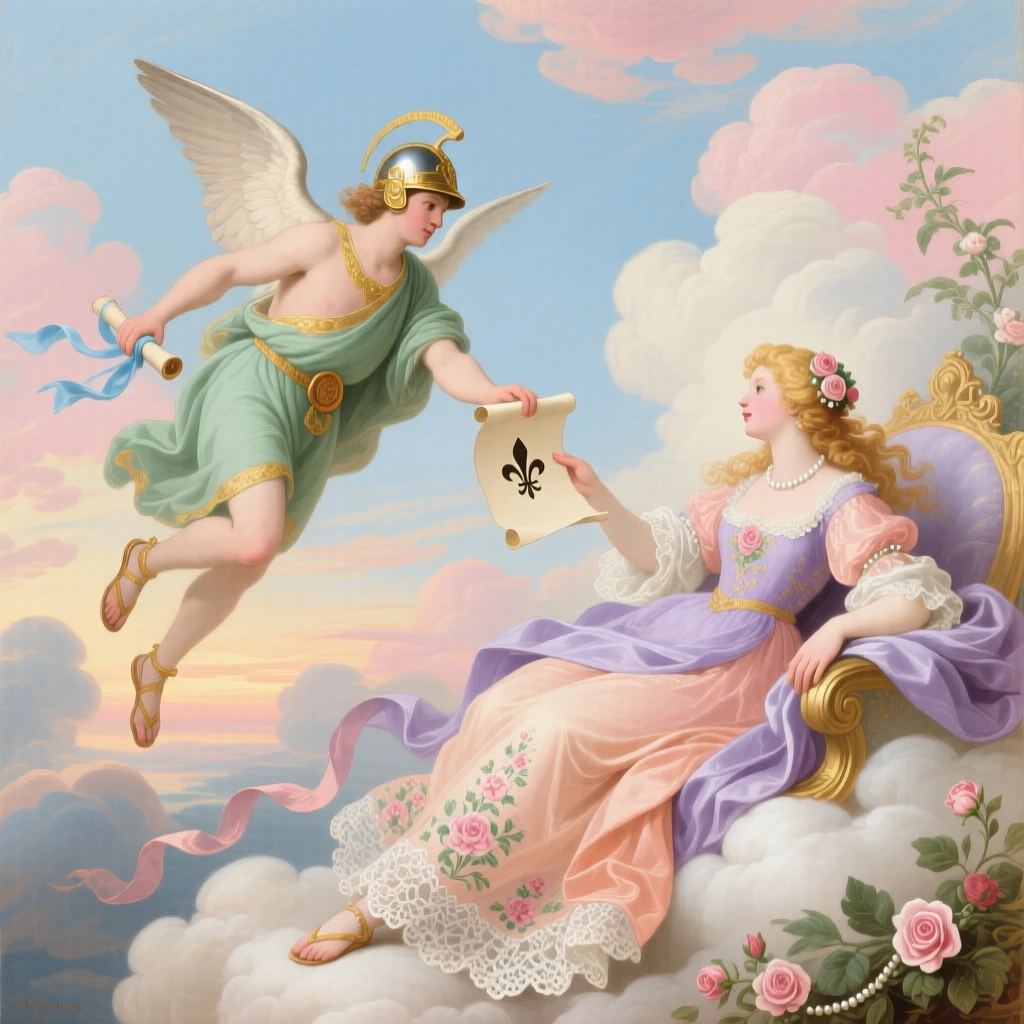 Mercury delivering a sealed message to a princess in a cloud-filled sky  