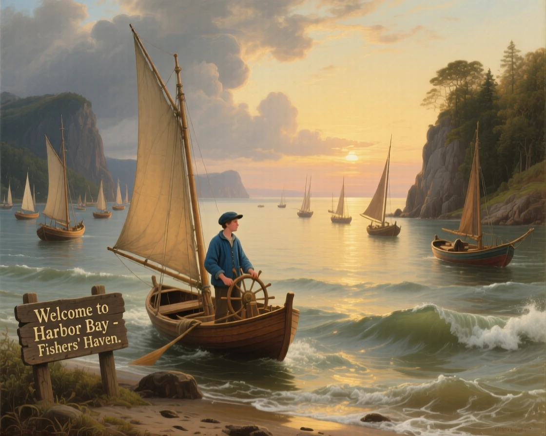 A young sailor sails toward a bay dotted with fishing boats as the tide rolls in.