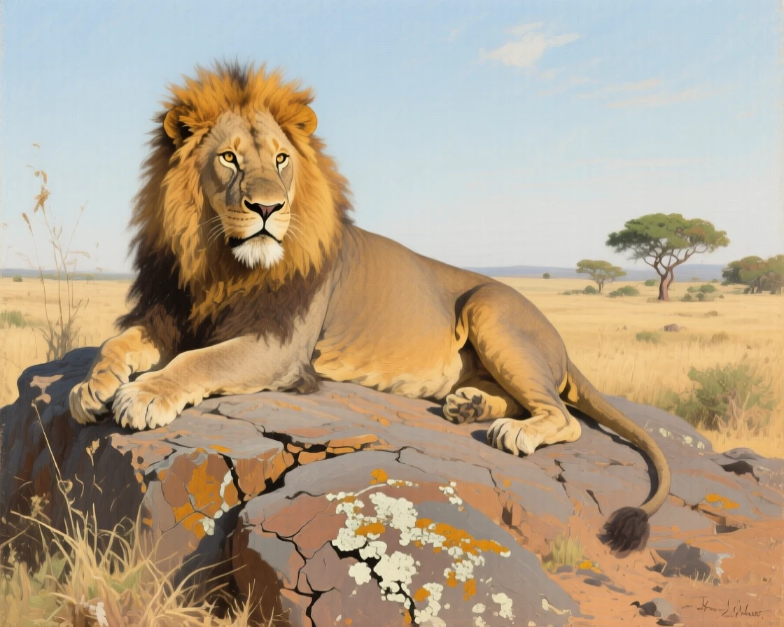 A majestic African lion resting atop a sunbaked rock outcrop, its eyes sharp and fully alert to the surroundings, showing the animal in its truest, most authentic element
