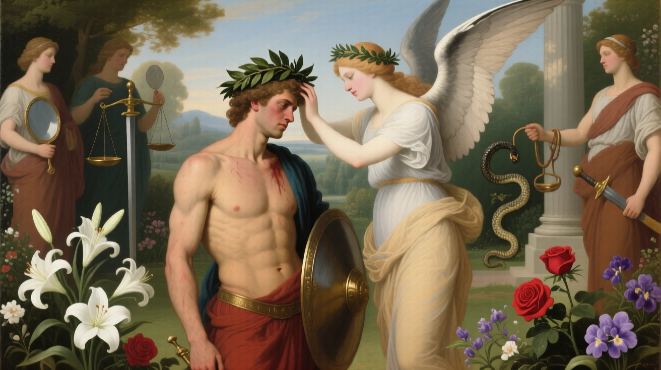 A winged figure of Victory crowning a weary but triumphant hero as light and shadow embody opposing truths, set within a garden where every bloom carries hidden meaning, with allegorical attendants representing virtues gathered nearby; radiating light from the central figure draws every eye inward, radiating timeless wisdom and moral clarity.