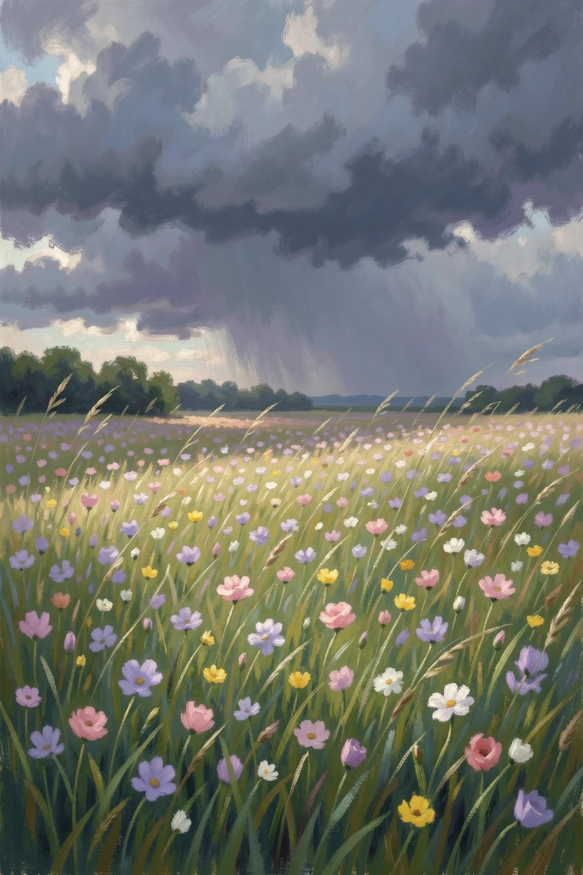 A field of wildflowers bending in the wind beneath an approaching wall of dark storm clouds.