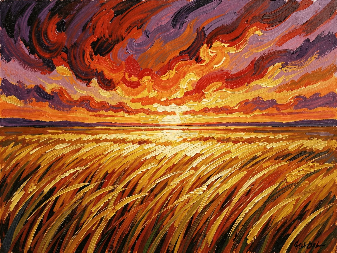 A wide plain of golden grass rippling beneath a dramatic sunset sky.