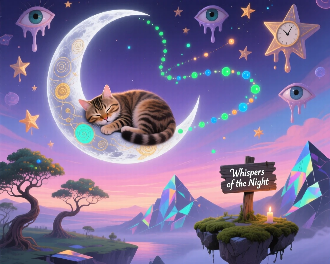 A cat curled asleep on a floating crescent moon drifts silently beneath a sky painted in soft twilight colors, while tiny lights trail gently in its wake.
