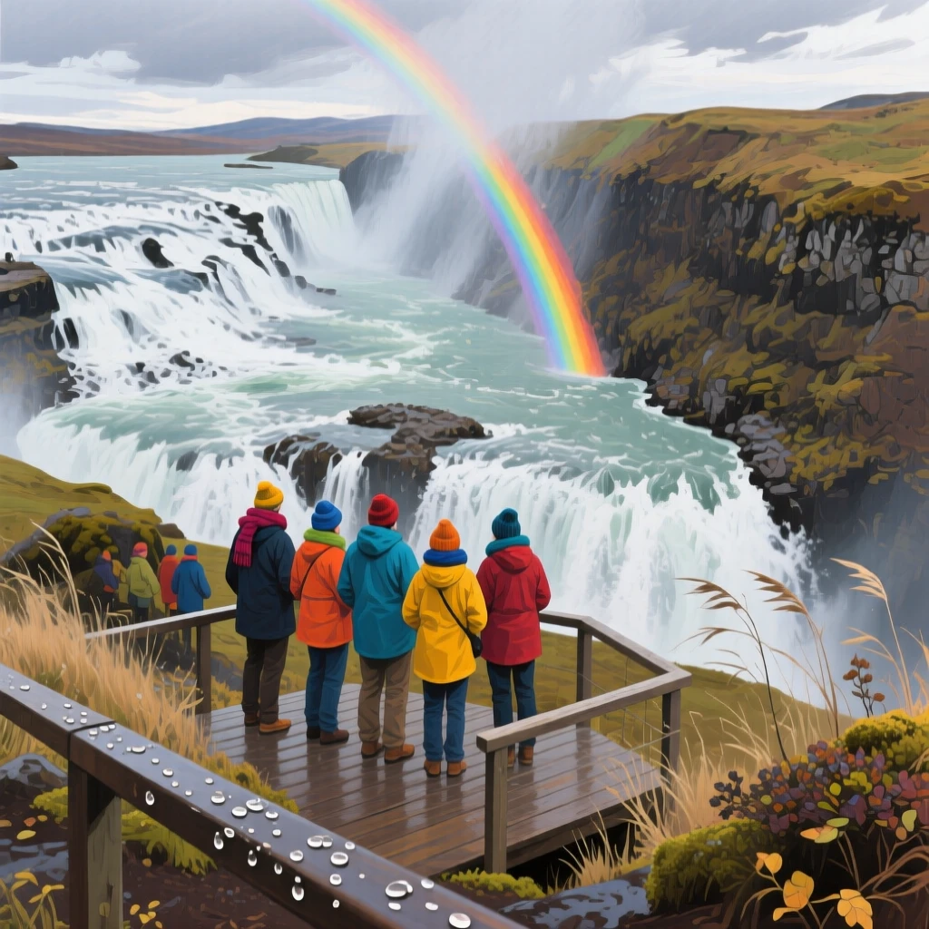 Gullfoss waterfall thunders into a rocky canyon in Iceland, a rainbow arcing through the spray, tourists bundled against the wind standing at the viewing platform, as a light breeze stirs the surrounding vegetation and carries the scent of damp earth.