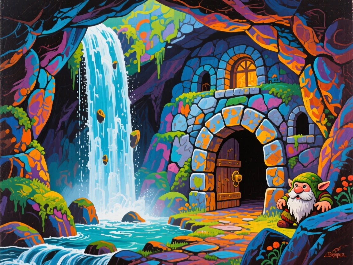 A hidden waterfall concealing the entrance to an underground dwarven kingdom carved from stone