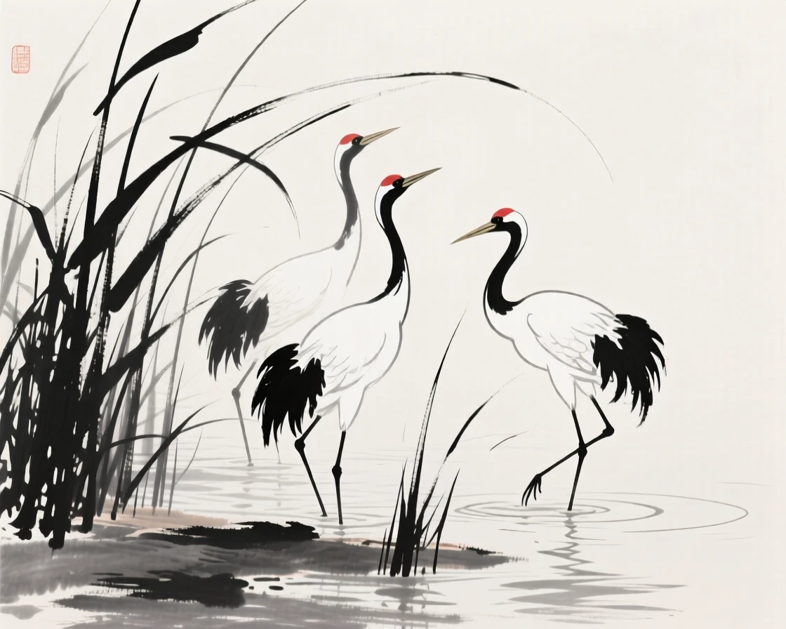 Three cranes wade among tall reeds at the water's edge, while reeds bend gently in the breeze.
