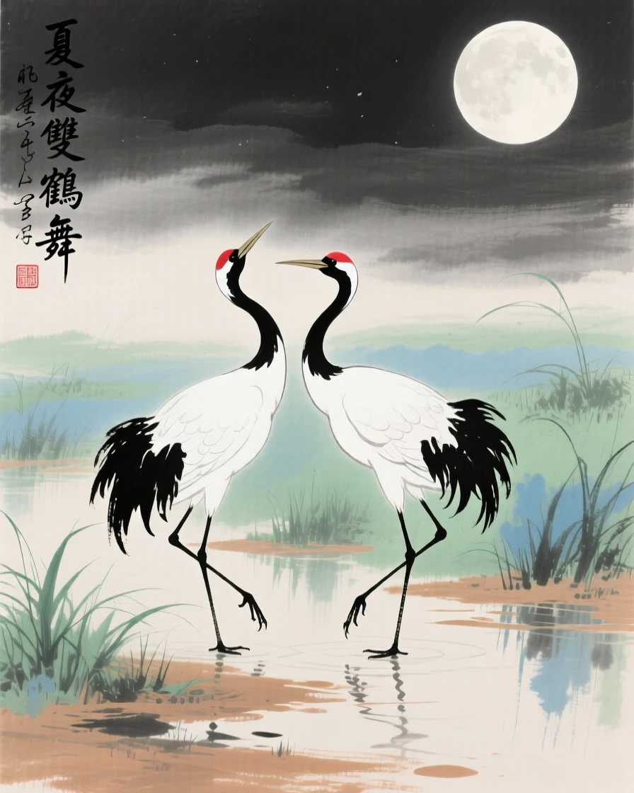 A pair of cranes dancing together in a shallow marsh, in the height of summer, under a full moon.