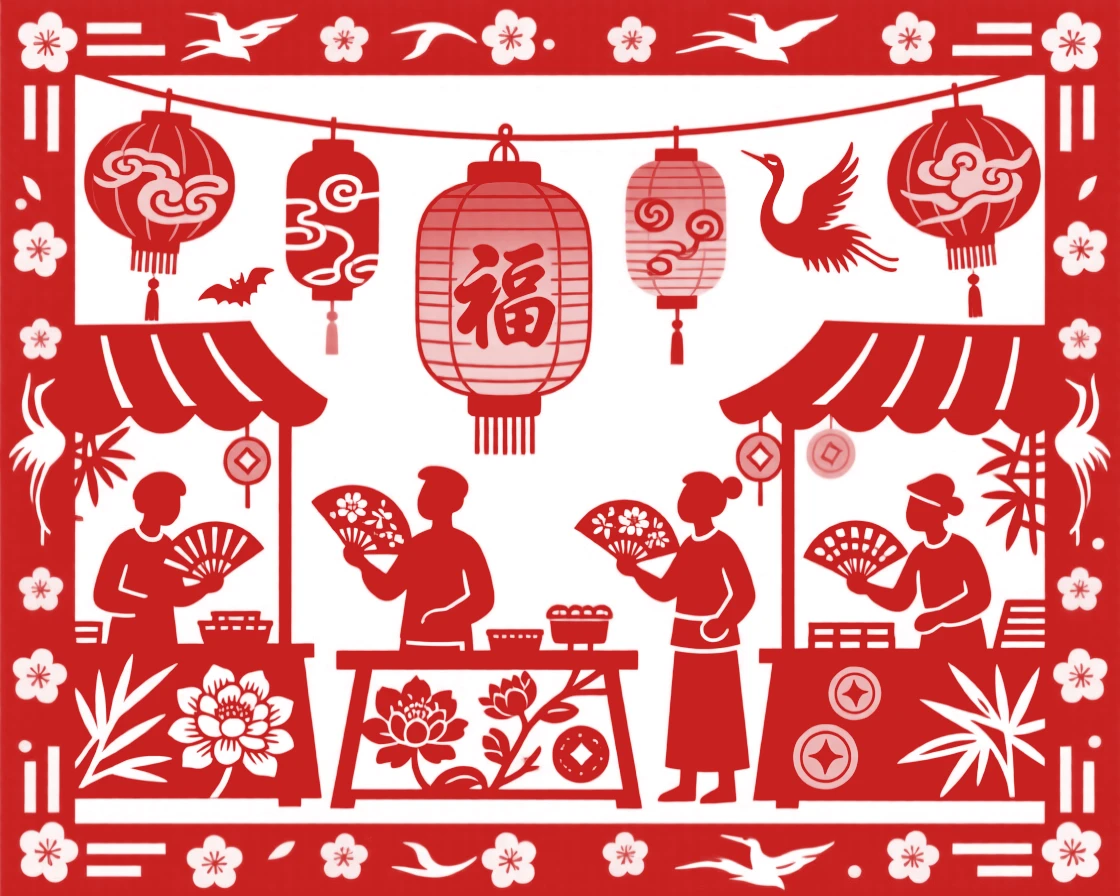 A summer evening market lit by paper lanterns, vendors fanning themselves in the warm night air