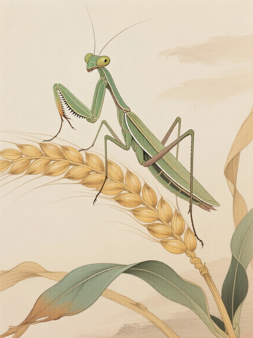 A praying mantis perched on a stalk of ripening wheat