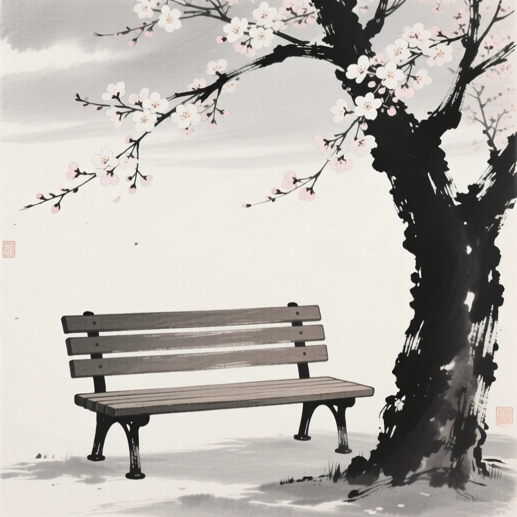 An empty wooden bench beneath a blossoming tree beneath a soft, overcast sky, framed with soft, diffused light throughout, suggesting quiet longing and gentle stillness.