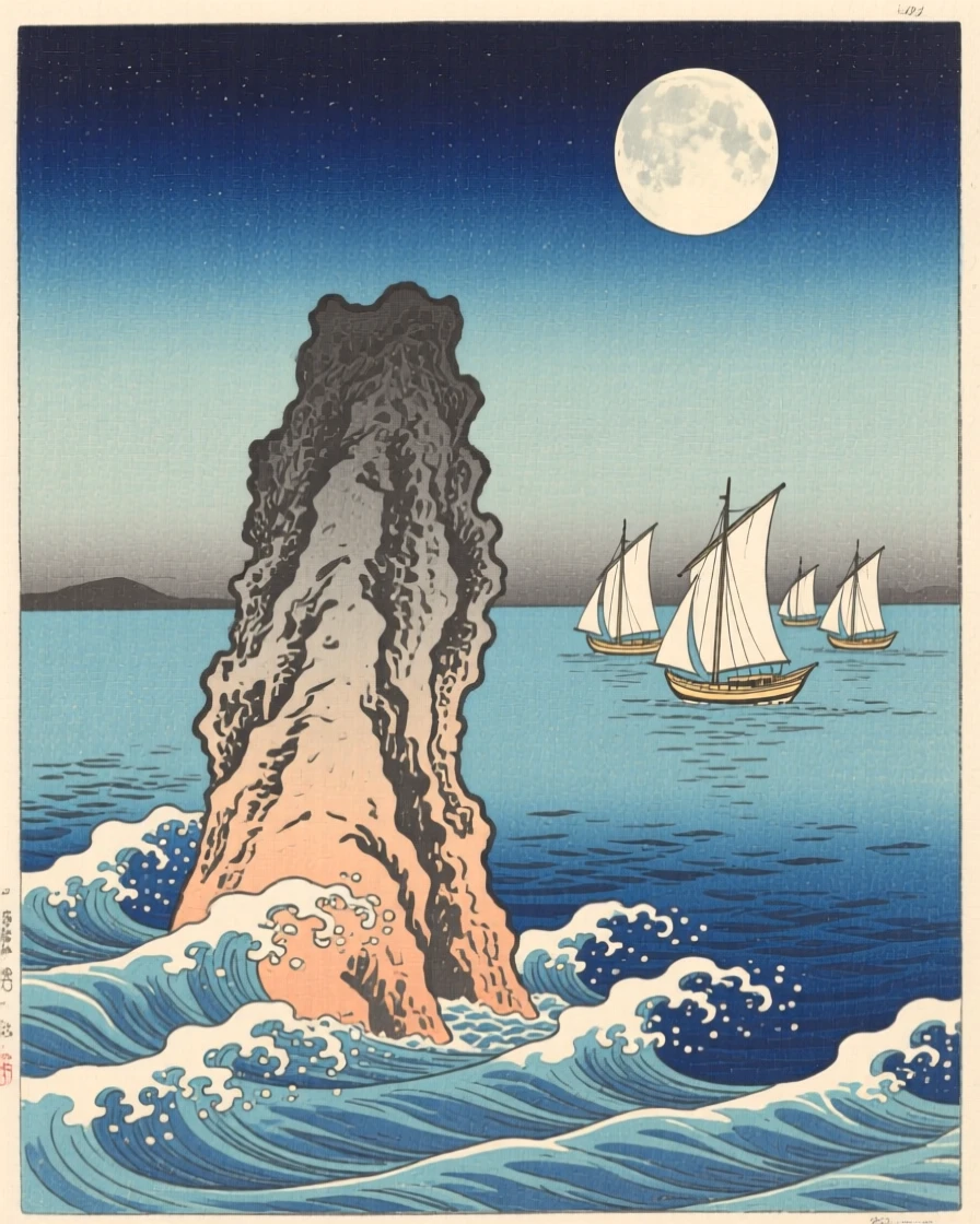 A lone sea stack with distant sails on the horizon, under a full moon.