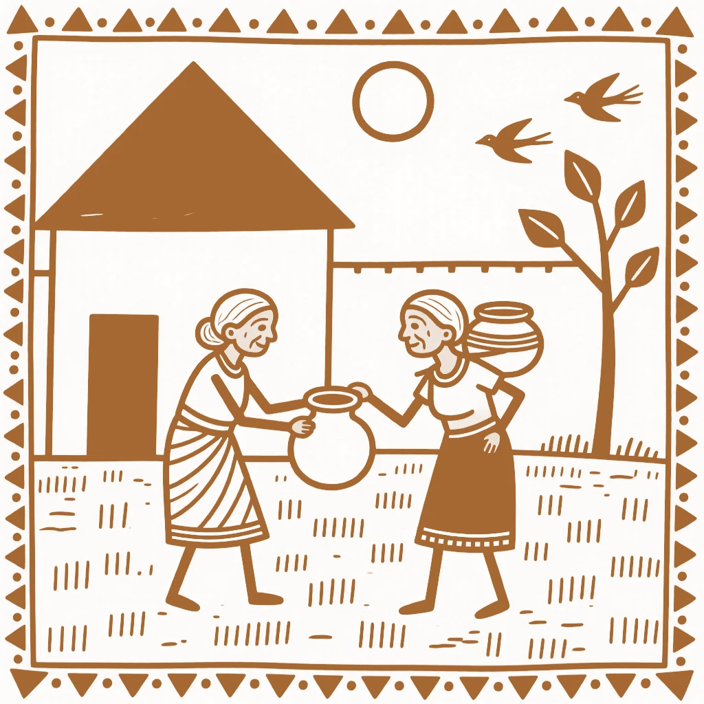 A grandmother helping each other carry water home in the courtyard of a family home.